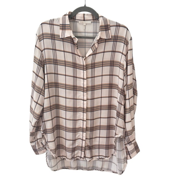 Maje Plaid Long Sleeve Button Down Shirt Blue Tan Size 3/Large - Picture 6 of 14
